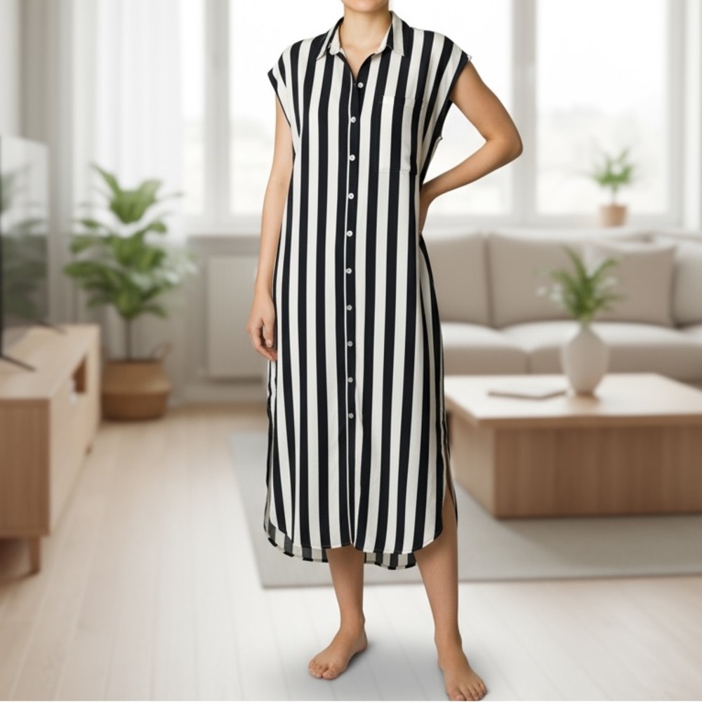 Knot Sisters Black and Off White Striped Midi Dress